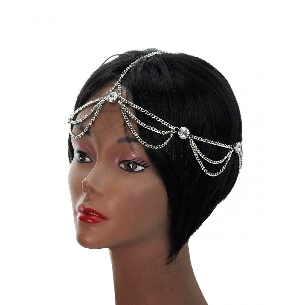 Headbands Women's Bohemian Fashion Head Chain Jewelry - Rhinestone Charm 2 Draping Strand- Silver-Tone - Silver-Tone - CT1211...