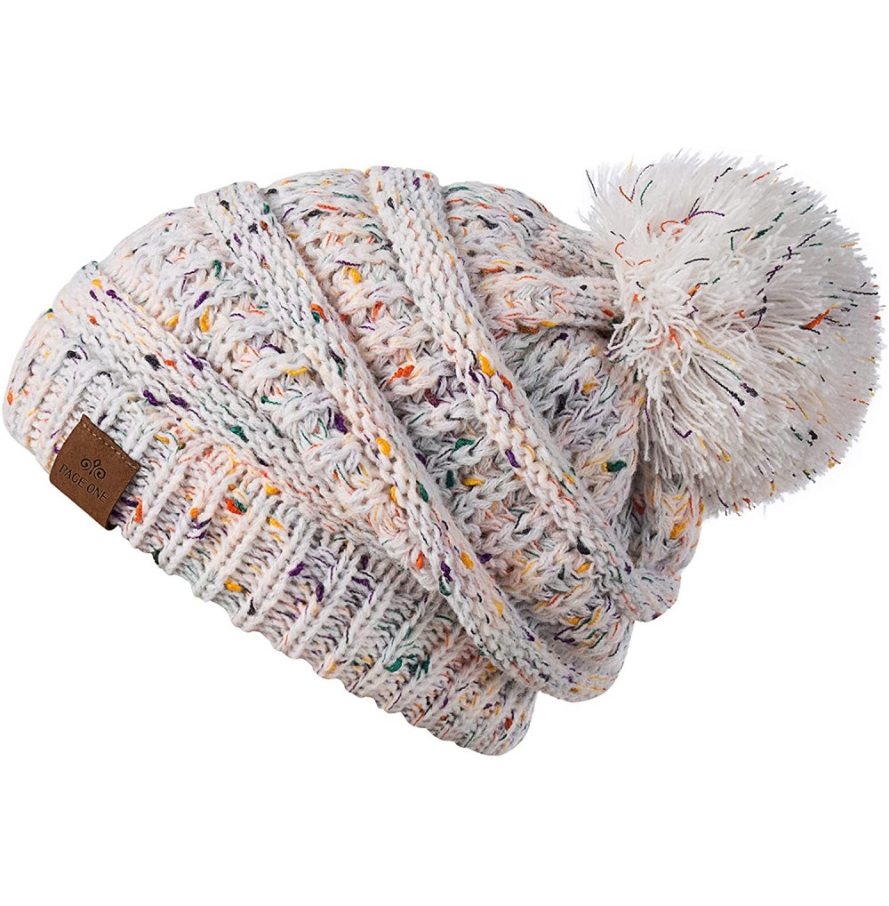 Skullies & Beanies Womens Fleece Lined Slouchy Beanie Chunky Baggy Hat Fur Pompom Winter Soft Warm Cap - Confetti White - CH1...