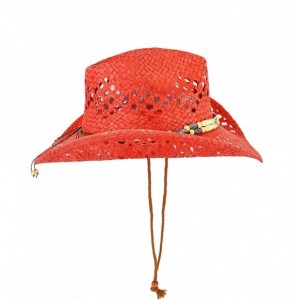 Cowboy Hats Cute Comfy Flex Fit Woven Beach Cowboy Hat- Western Cowgirl Hat with Wooden Beaded Hatband - Red - CT18WOUM5K9