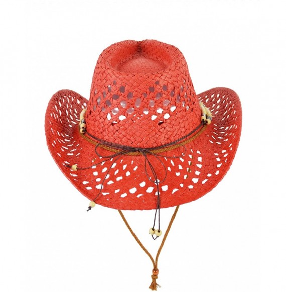 Cowboy Hats Cute Comfy Flex Fit Woven Beach Cowboy Hat- Western Cowgirl Hat with Wooden Beaded Hatband - Red - CT18WOUM5K9