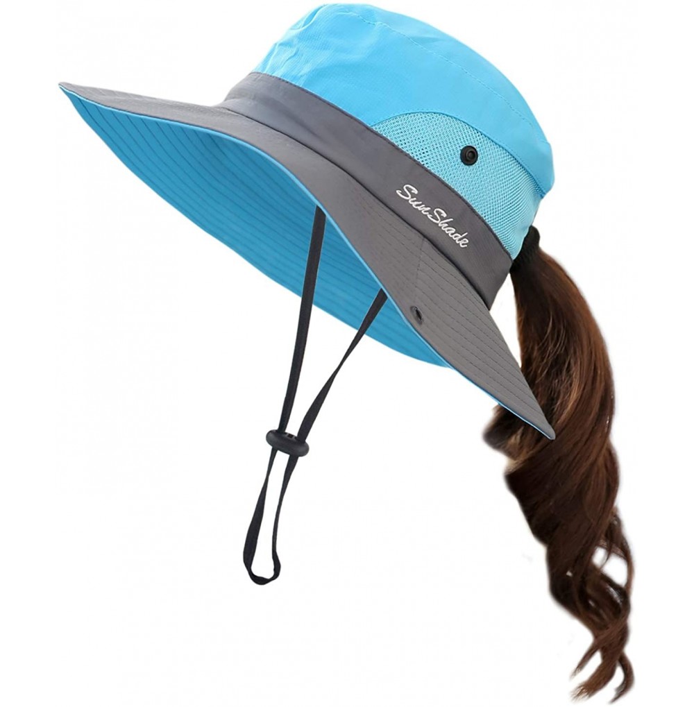 Sun Hats Women's Summer Mesh Wide Brim Sun UV Protection Hat with Ponytail Hole - Sky Blue - CB18NMEEYOM