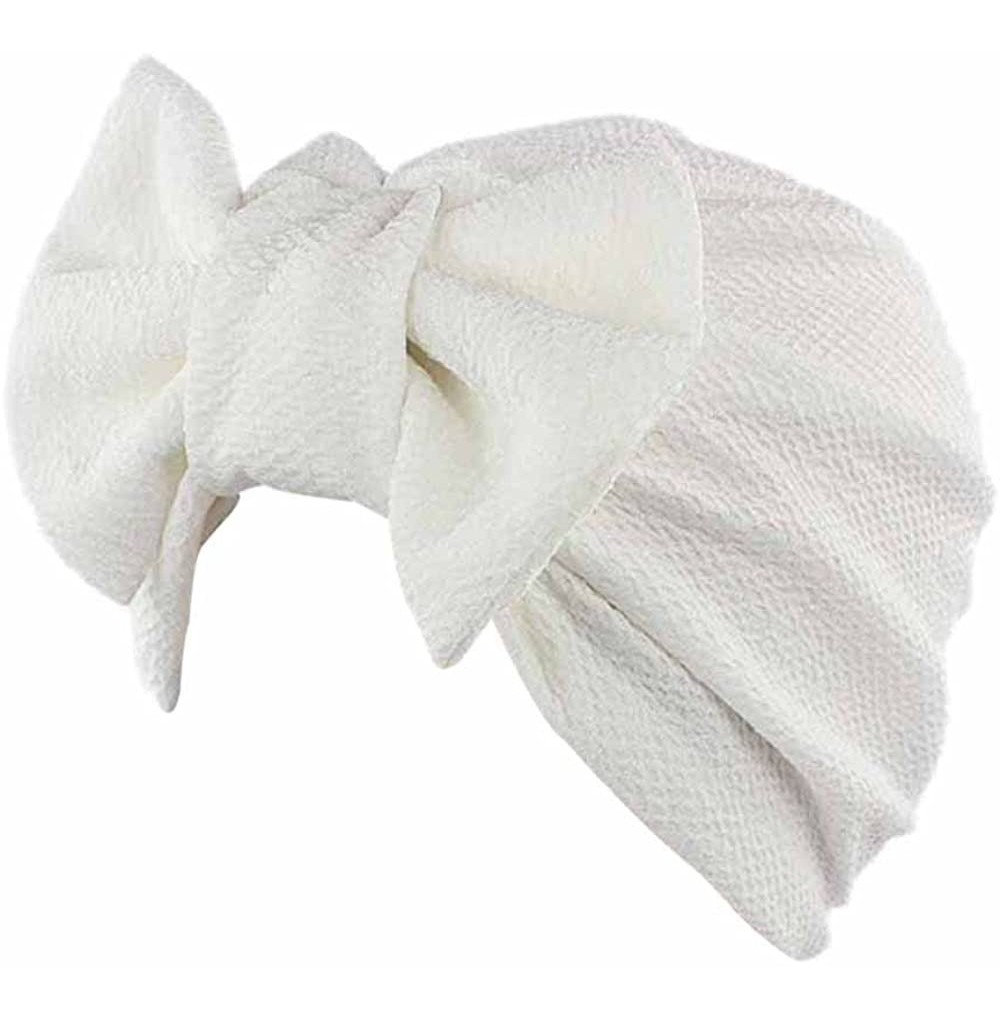 Skullies & Beanies Women Solid Bow Pre Tied Cancer Chemo Hat Beanie Turban Stretch Head Wrap Cap - White - CC185N88W52