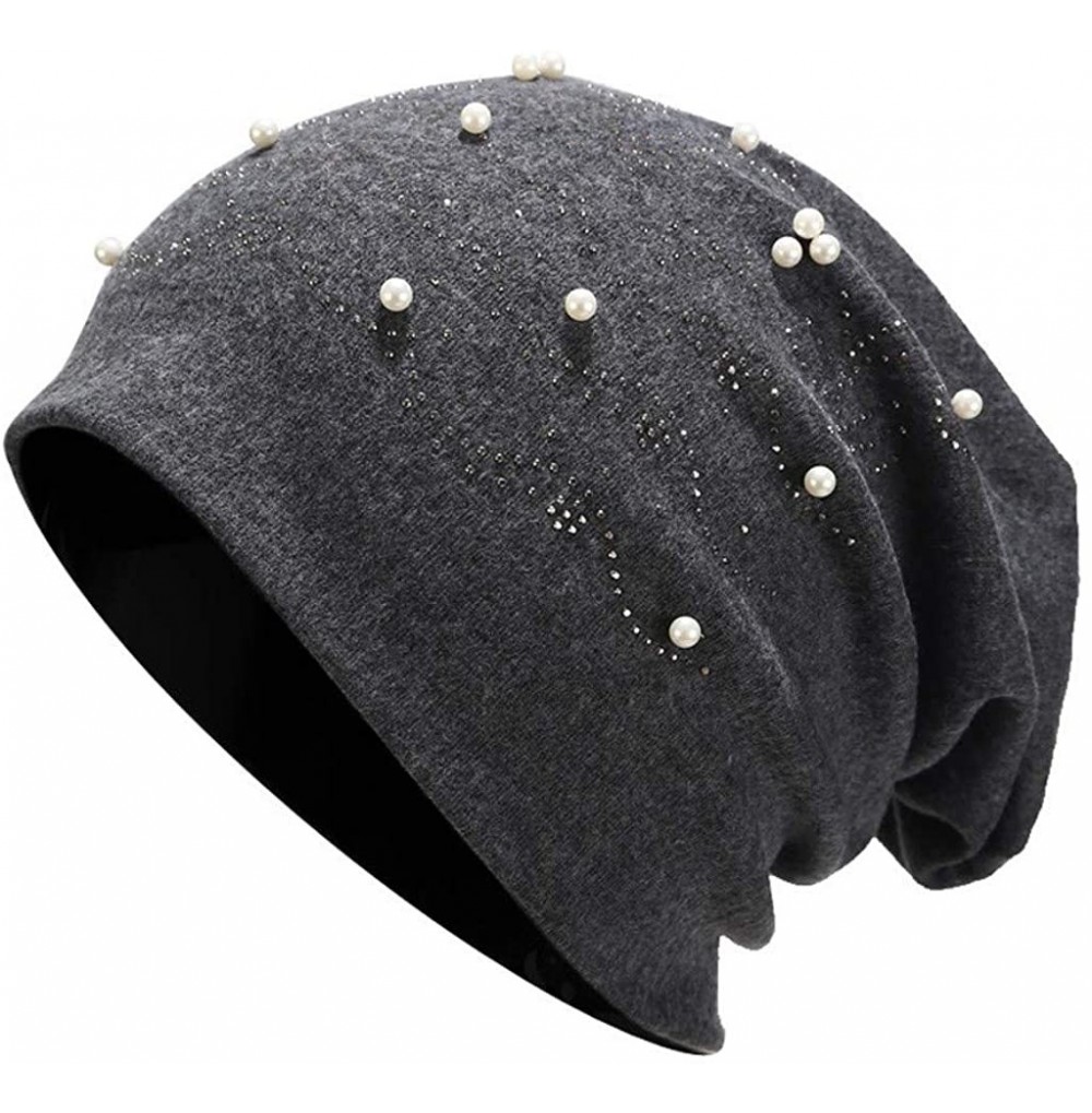 Skullies & Beanies Muslim Turbans for Womens Fashion Women Stretch Headgear Pure Color Pearl Head Scarf Wrap Hat Cap - I - C9...