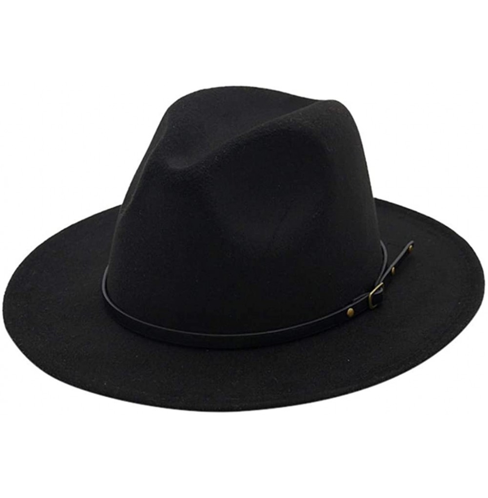 Fedoras Mens Fedora Hat Faux Felt Wide Brim Belt Buckle Cowboy Hat - B Black - CQ1933Y4WY2