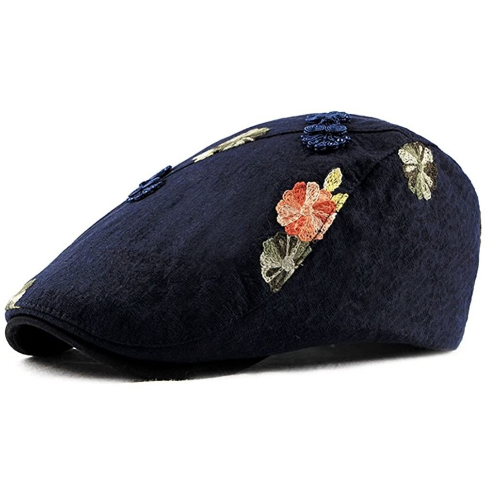 Newsboy Caps Womens Linen Adjustable Floral Embroidery Ivy Newsboy Cabbie Gatsby Sun Hat Cap - Navy - CG18E3C698T