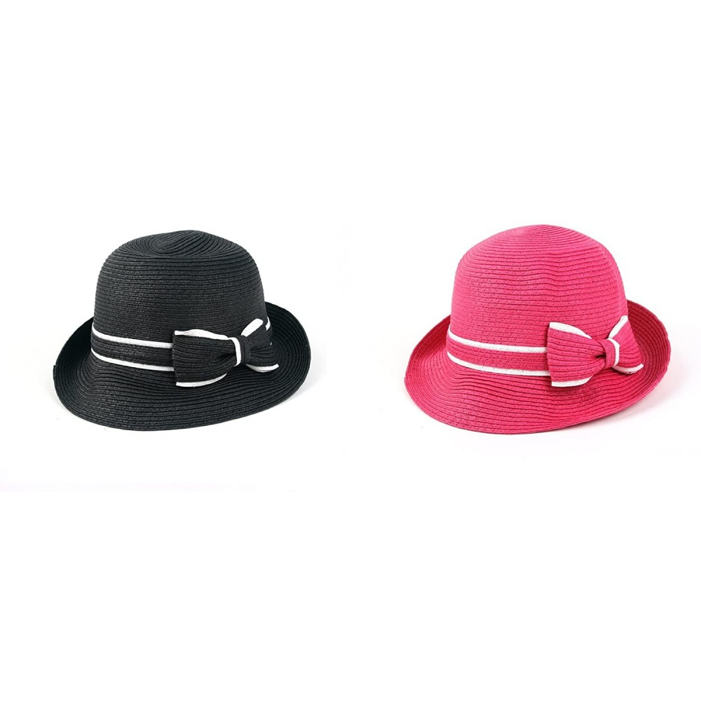 Bucket Hats Women's Classic Straw Cloche Bow Hat 960HF - 2 Pcs Black & Pink - C611UGW9QG3