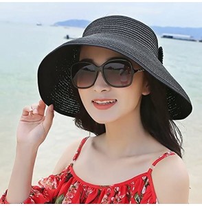 Sun Hats Women Sun Visor Hats Summer Roll Up Packable Wide Brim Straw Hat - 2 Pack-(black/Khaki) - C2196ZCIADG