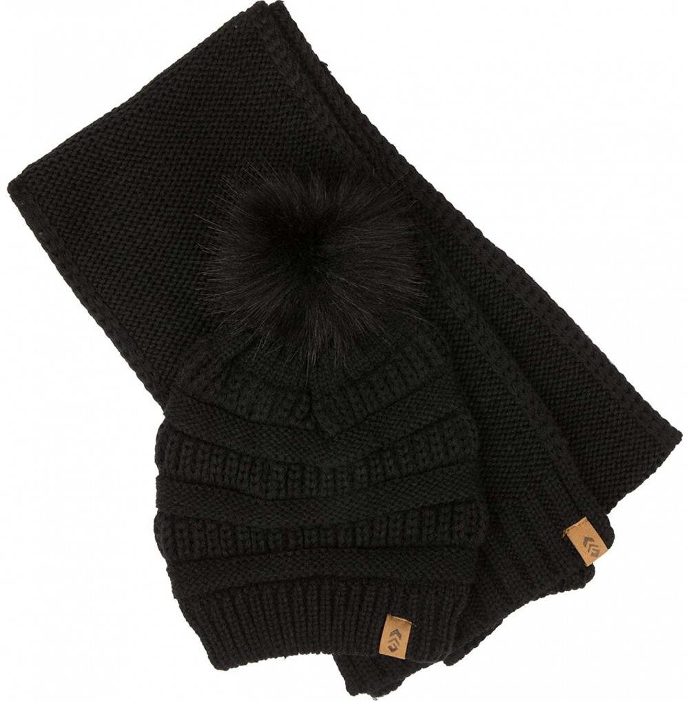 Skullies & Beanies Matching Knit Scarf and Beanie- Winter Thermal Set Slouchy Pom Ski Cap for Women - Knit Black - C618ZLHS3YI