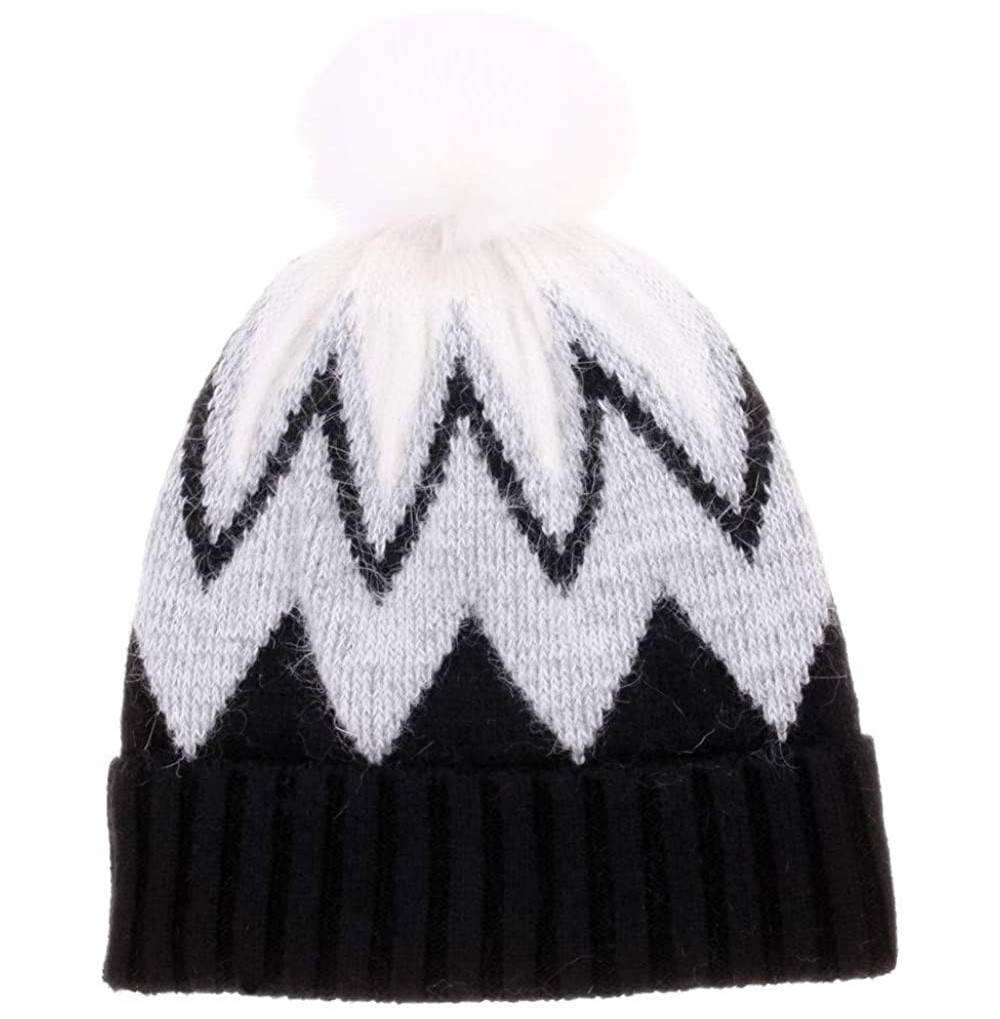 Skullies & Beanies Women Knit Wool Beanie - Slouchy Beanie Winter Hat with Faux Fur Pompom Soft Warm Ski Cap - Black - CJ18Y0...