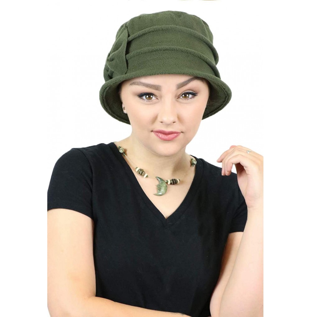 Skullies & Beanies Women's Hat Fleece Cloche Cancer Headwear Chemo Ladies Winter Head Coverings Bow - Olive Green - CY18HDTH374