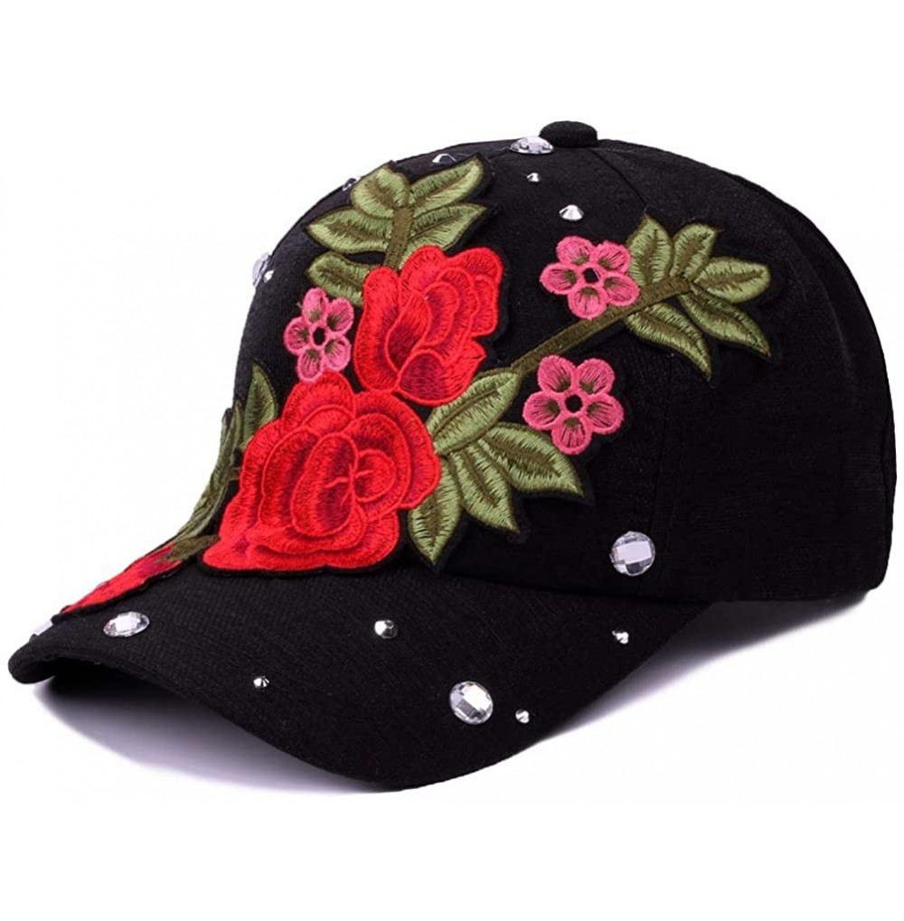 Baseball Caps Women Rhinestone Rose Baseball Cap Adjustable Bling Caps Studded Outdoor Sun Hat (Big Rose- Adjustable) - CB18Z...