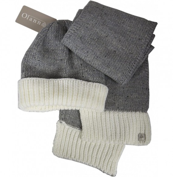 Skullies & Beanies White & Grey Contrast Scarf & Beanie Set - Irish Knit Winter Warm - CJ1855NHIA5