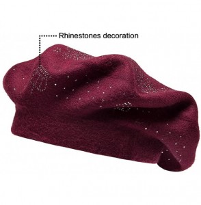 Berets Beret Hats for Women Rhinestones 2 Layers Wool French Hat Lady Winter Black Red - Wine-top Rhinestones - CB187KC56LS