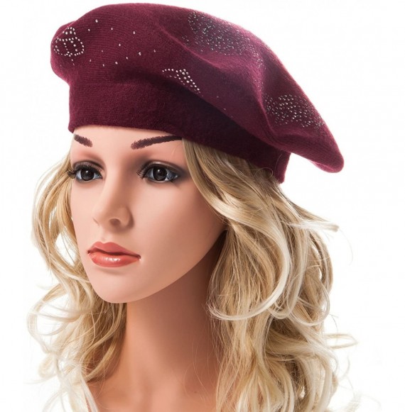 Berets Beret Hats for Women Rhinestones 2 Layers Wool French Hat Lady Winter Black Red - Wine-top Rhinestones - CB187KC56LS