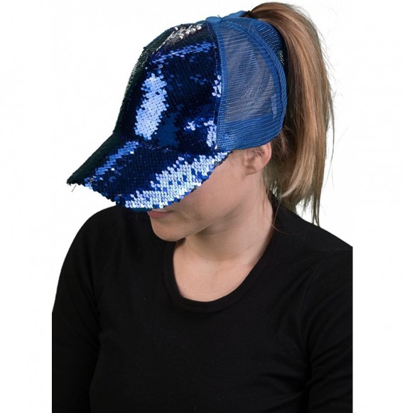 Baseball Caps Womens Baseball Cap High Ponytail Messy Bun Glitter Sequin Rave Mesh Hat - CN18CI84LM2