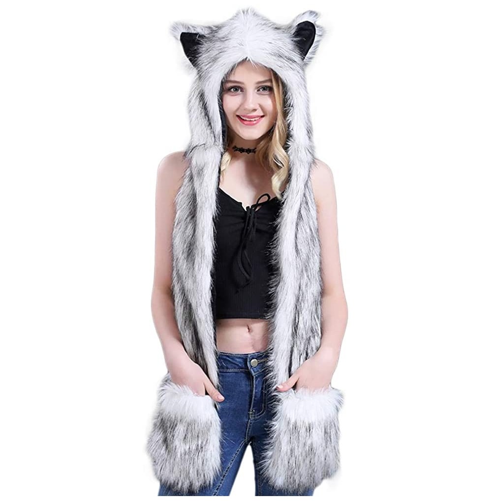 Bomber Hats Animal Hood Faux Fur Hat with Scarfs Mittens Ears and Paws 3 in 1 Soft Warm Winter Headwear - Black White - CT18K...