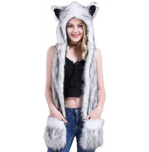 Bomber Hats Animal Hood Faux Fur Hat with Scarfs Mittens Ears and Paws 3 in 1 Soft Warm Winter Headwear - Black White - CT18K...