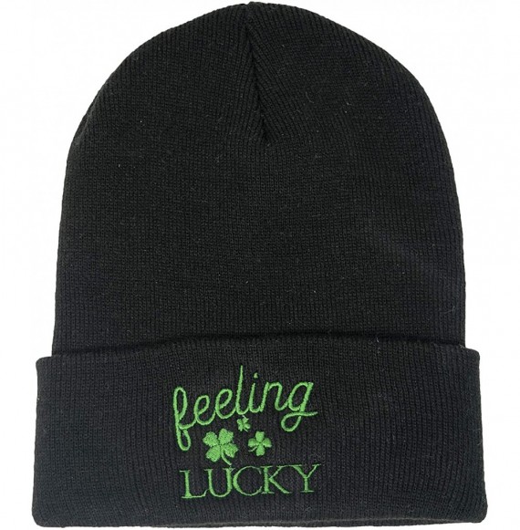 Skullies & Beanies Embroidered Beanie Dog Mom Gym Sports Holiday Knitted Hat Skull Cap - Feelin' Lucky - Black - CZ18ON945NA