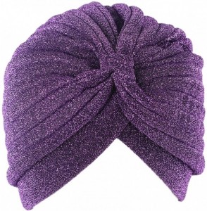 Skullies & Beanies Shiny Turban Hat Headwraps Twist Pleated Hair Wrap Stretch Turban - Purple Paillette - C6198H9AHIG