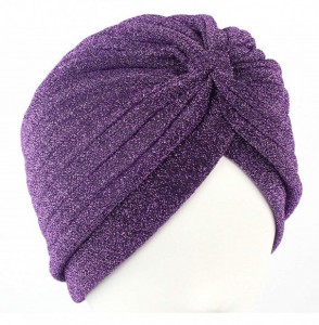 Skullies & Beanies Shiny Turban Hat Headwraps Twist Pleated Hair Wrap Stretch Turban - Purple Paillette - C6198H9AHIG