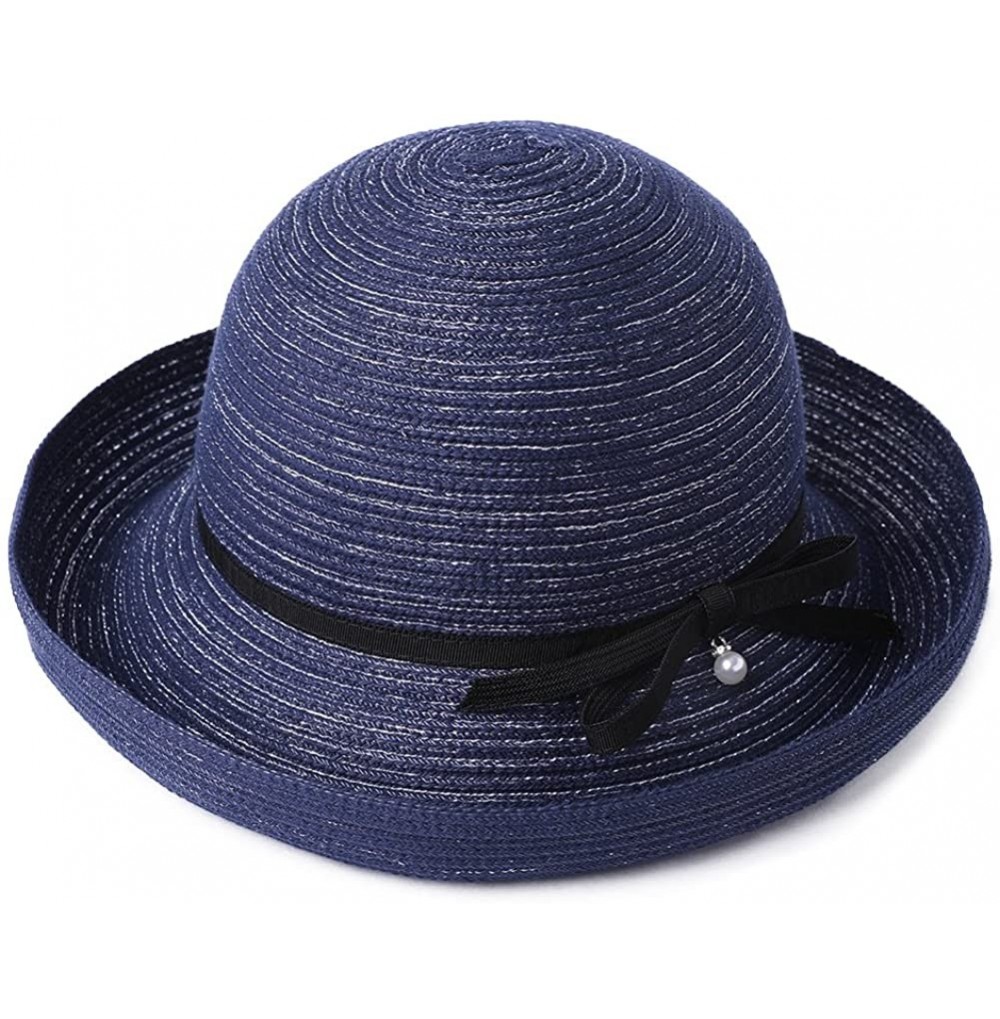 Sun Hats Womens Wide Brim Summer Sun UPF Protective Beach Straw Panama Fedora Hats Outdoor - 99067_navy Blue - C718RQ230NK