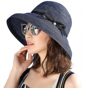 Sun Hats Womens Wide Brim Summer Sun UPF Protective Beach Straw Panama Fedora Hats Outdoor - 99067_navy Blue - C718RQ230NK