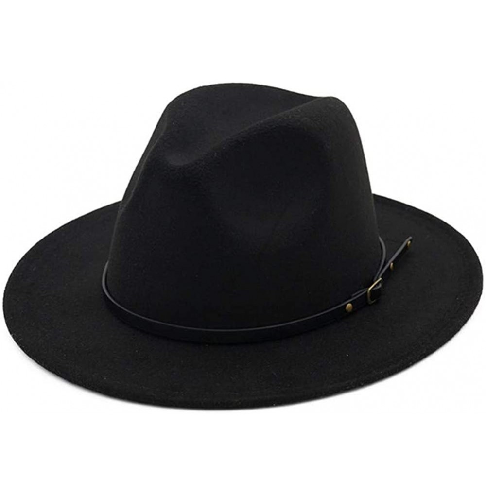 Fedoras Women's Classic Wide Brim Fedora Hat with Belt Buckle Felt Panama Hat - Black - CA18KCZN67L