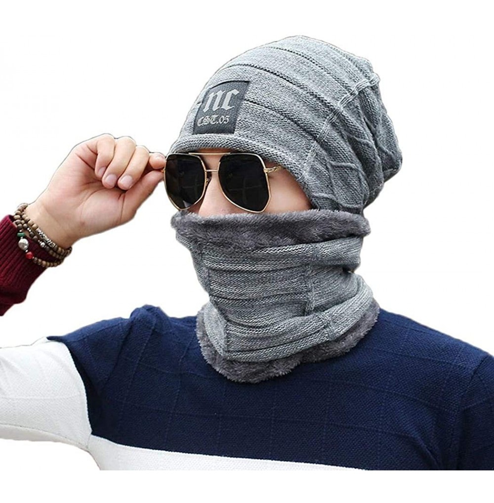 Skullies & Beanies Men Thicken Warm Hat with Scarf-Casual Knitted Skullies Beanies - Gray - CJ18AMYEW6E