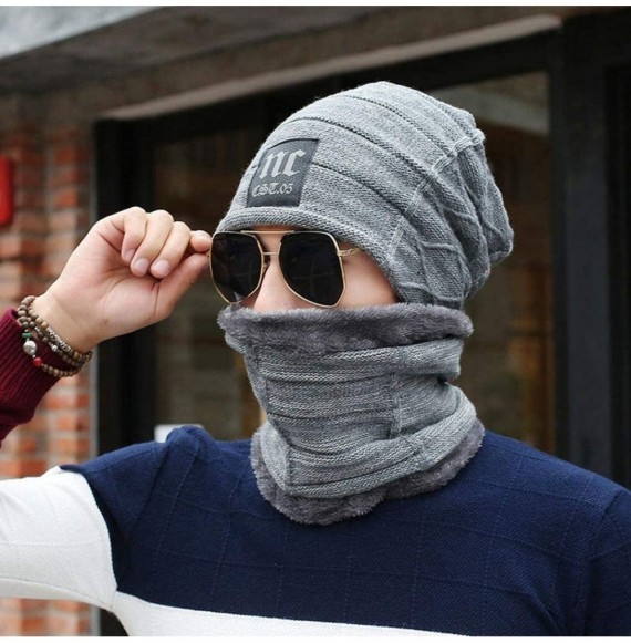 Skullies & Beanies Men Thicken Warm Hat with Scarf-Casual Knitted Skullies Beanies - Gray - CJ18AMYEW6E