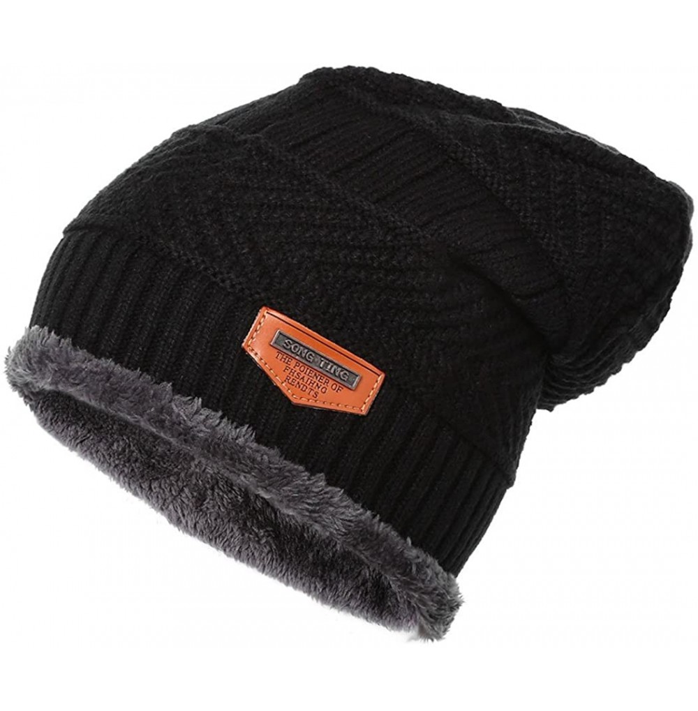 Skullies & Beanies Mens Slouchy Beanie Hat Trendy Warm Chunky Soft Stretch Cable Knit Winter Christmas Sport Fleece Cap - Bla...