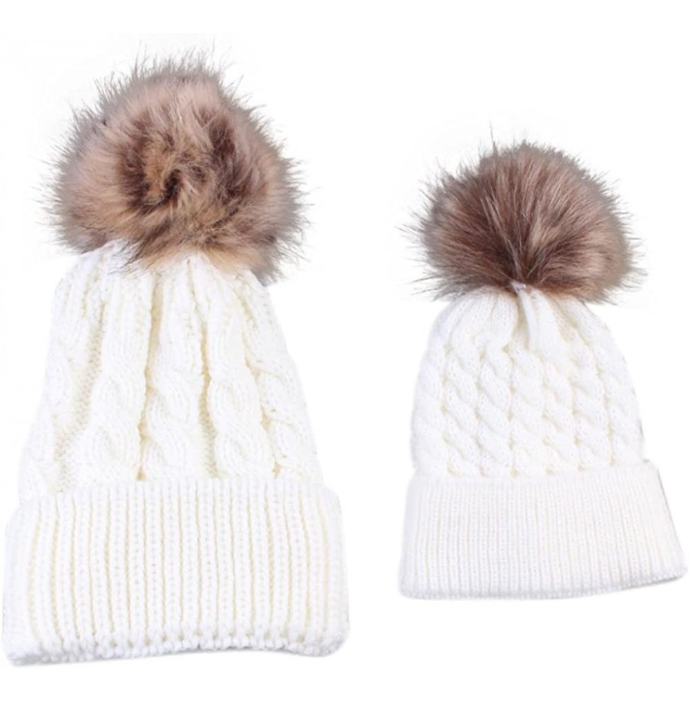 Skullies & Beanies Mom/Baby Winter Hand Knit Faux Fur Pompoms Beanie Hat - White - CA12MA66YGR