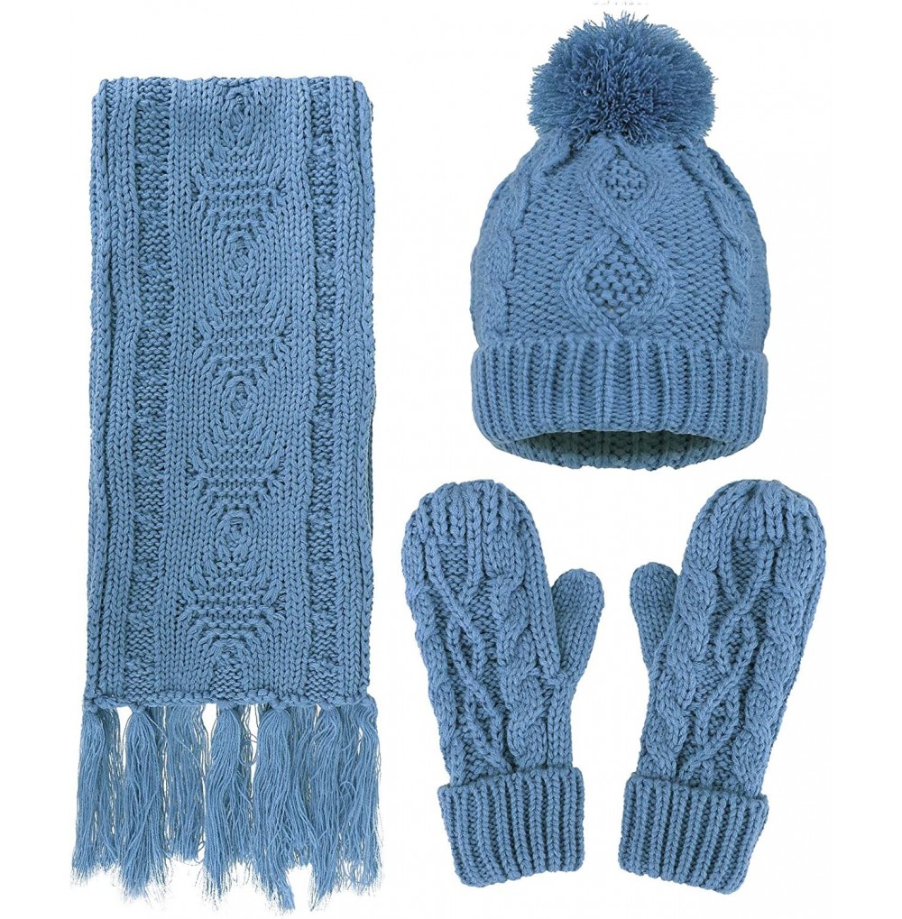 Skullies & Beanies 3 in 1 Women Soft Warm Thick Cable Knitted Hat Scarf & Gloves Winter Set - Cyan Gloves W/ Lined - CC183GI4A4E