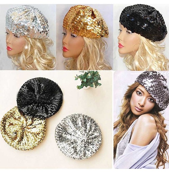 Berets Women Bling Sequins Beret Hat Sparkly Shining Beanie Cap for Dancing Party - Rose Pink - CI17YQLCNWQ