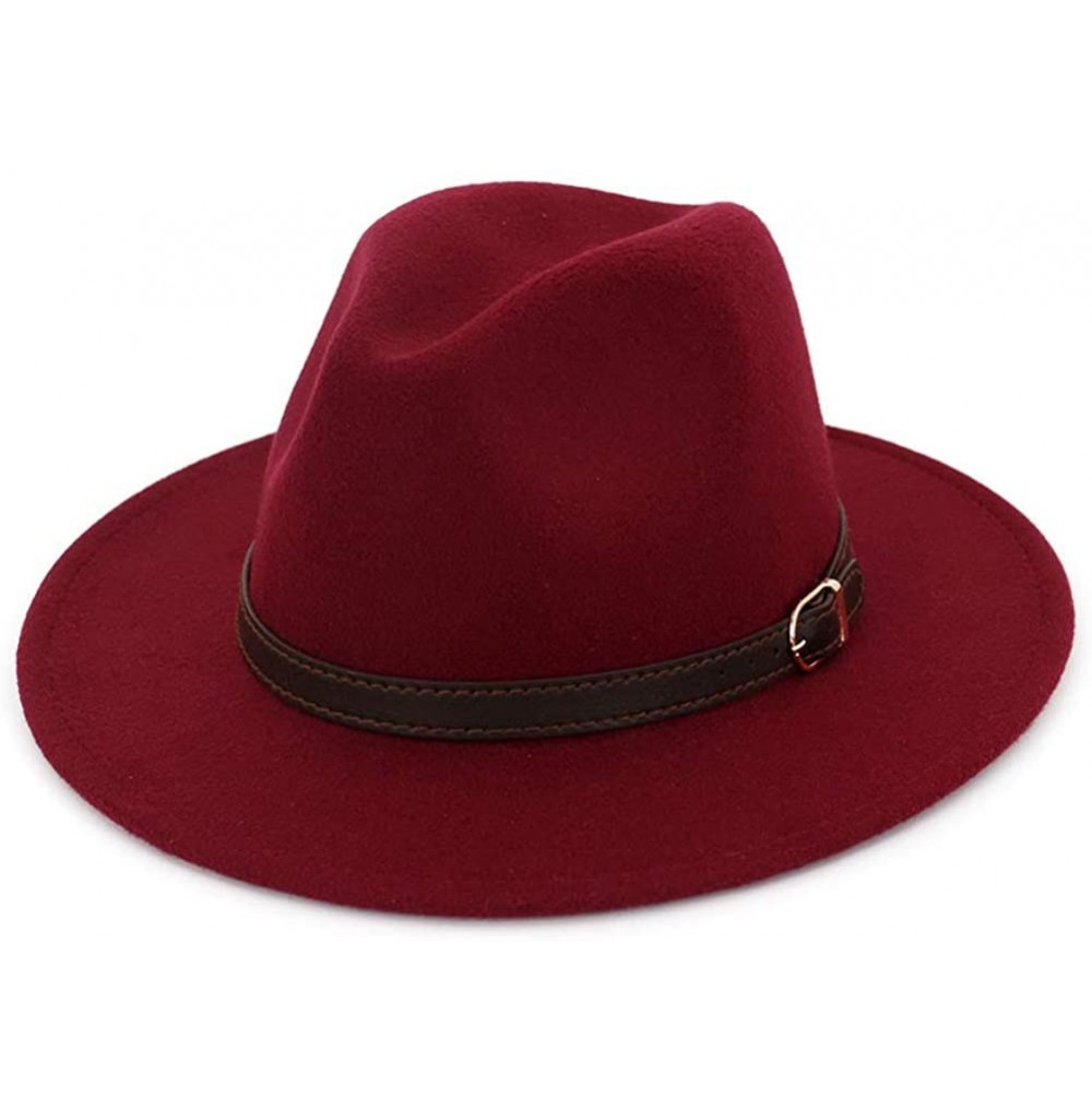 Fedoras Men & Women Panama Hat Classic Wide Brim Fedora Hat with Belt Buckle - Wine Red - CQ18SZ7AD2K