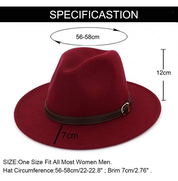 Fedoras Men & Women Panama Hat Classic Wide Brim Fedora Hat with Belt Buckle - Wine Red - CQ18SZ7AD2K