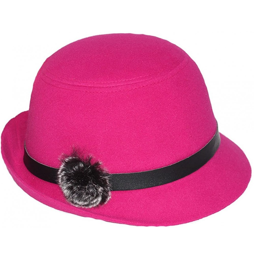 Bucket Hats Women Wool Felt Church Cloche Cap Bucket Top Hat Bowler Hats with Pompom Band - Rose - CT1805U7NWA