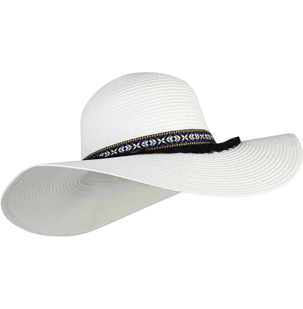 Sun Hats Large Floppy Festival Sun Hat Tribal Aztec Band Tassel Trim UPF 50 Protection - White - CJ18DTLSTIH
