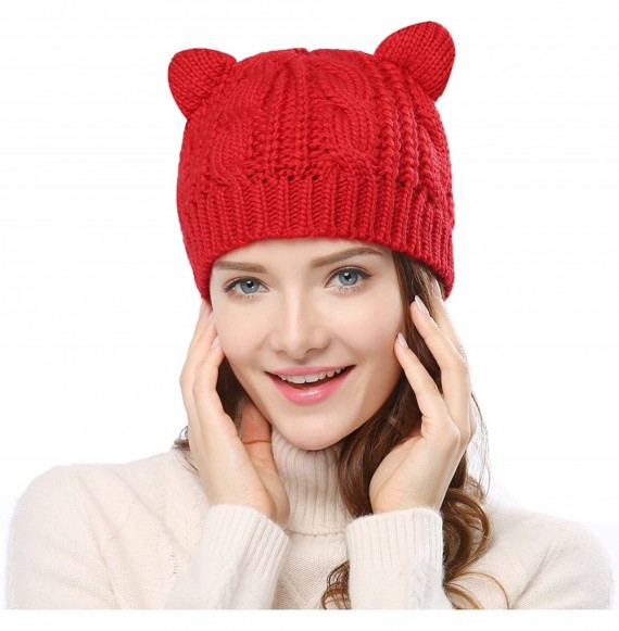Skullies & Beanies Women's Hat Cat Ear Crochet Braided Knit Caps - Red - CO12LTSRX99