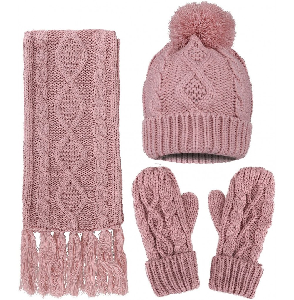 Skullies & Beanies Women's 3 Piece Winter Set - Knitted Beanie- Scarf- Gloves - Pink 1 - CE18L2WENE2