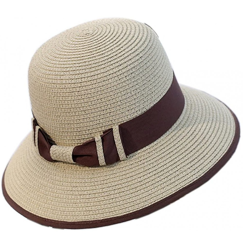 Sun Hats Women Elegant Bowknot Floppy Beach Straw Hats Wide Brim Packable Sun Cap - Stripe Beige - C518EZSE8RA