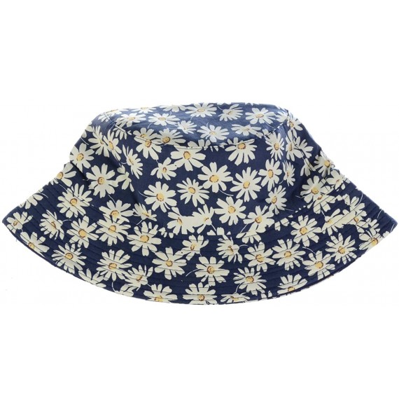 Bucket Hats Packable Reversible Black Printed Fisherman Bucket Sun Hat- Many Patterns - Daisy Navy - C712DAEA1E7