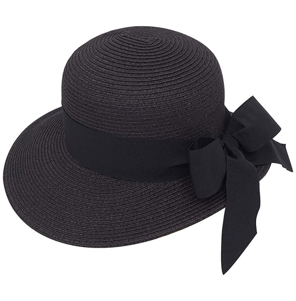 Sun Hats Women's Wide Brim Floppy Summer Beach Sun Hat for Ponytail w/Cute Ribbon Bow - Paper Straw- Adjustable- UPF50+ - CS1...
