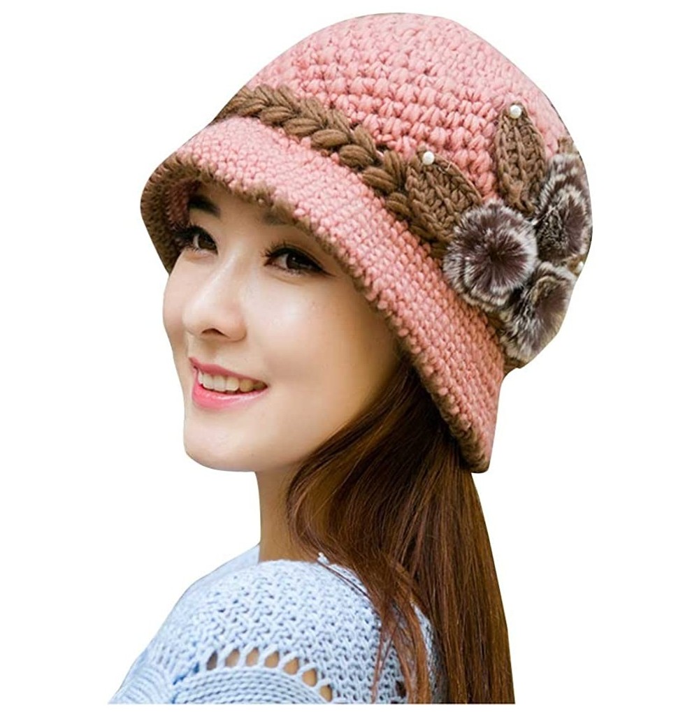 Cold Weather Headbands Women Color Winter Hat Crochet Knitted Flowers Decorated Ears Cap with Visor - Pink - CE18LH4RLXA