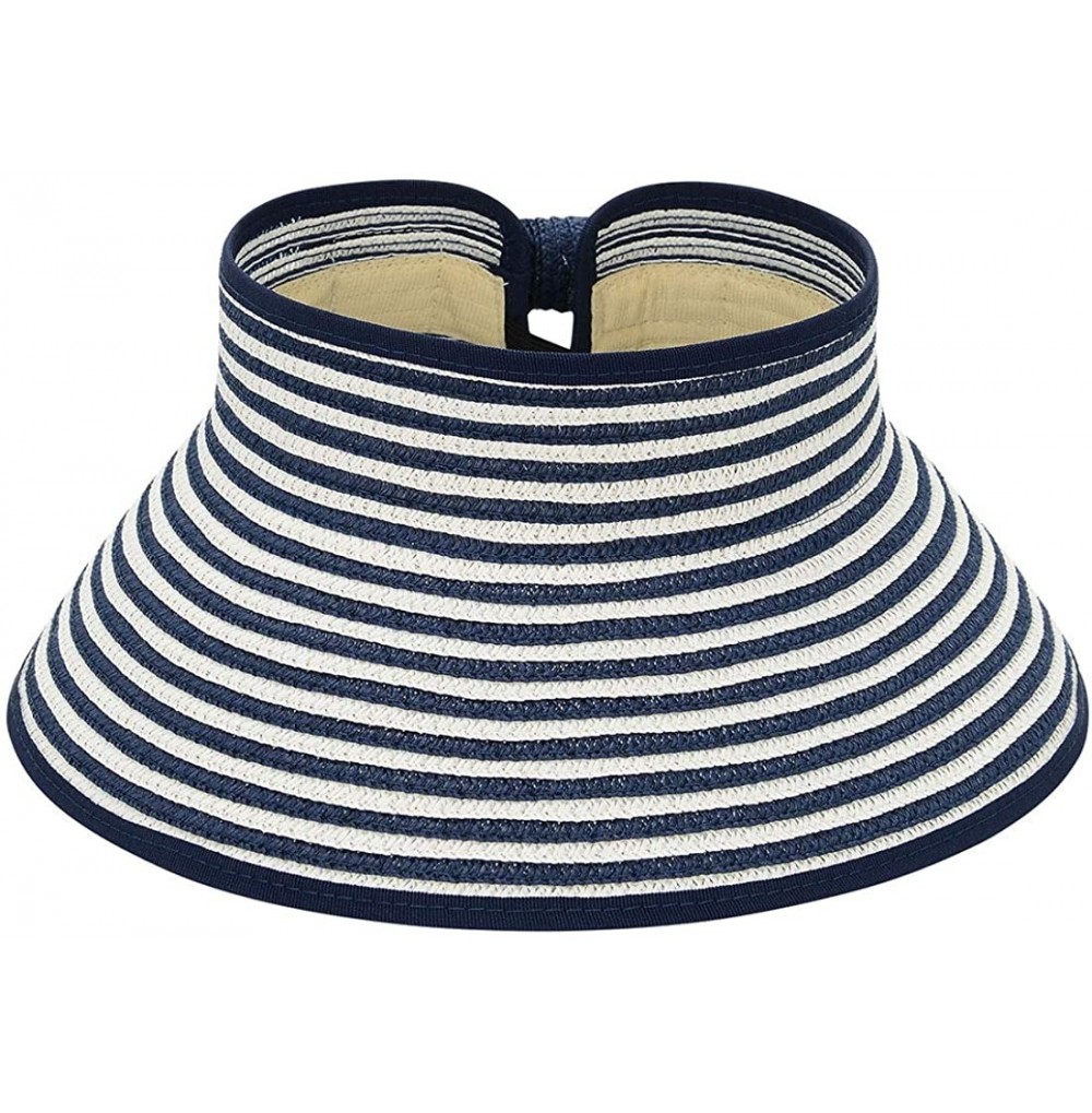Sun Hats Sun Visors for Women Summer Beach Straw Hat Wide Brim Ponytail Sun Hat Visor Hat - Strip Navy - CQ198KTOMNW