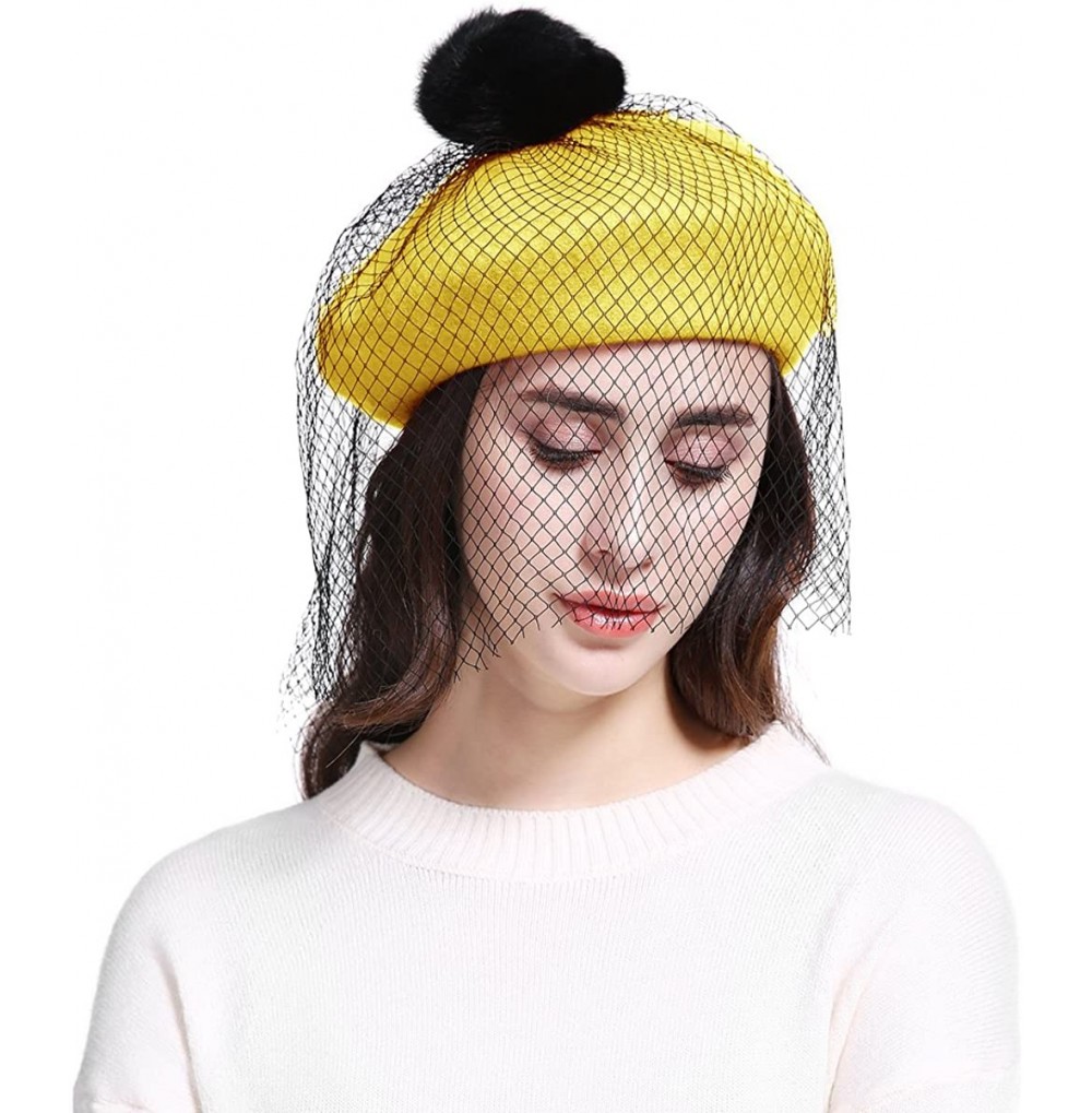 Berets Women's Franch Inspired Wool Felt Beret Hat with Veil Cocktail Hat - Pompom-yellow - CS1888I863S