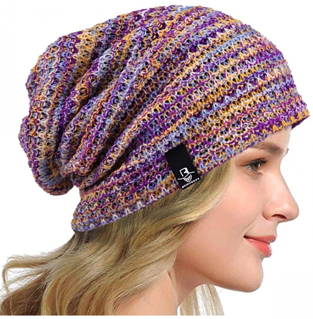 Skullies & Beanies Women's Slouchy Beanie Knit Beret Skull Cap Baggy Winter Summer Hat B08w - Purple/Yellow/White - CZ18UY23OGW