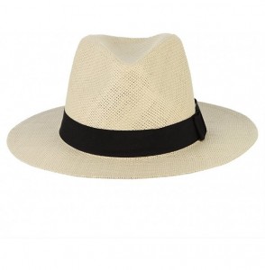 Fedoras Fedora Panama Hat Black Banded Wide Brim Summer Straw Cap - Beige - C418D6IR27Q