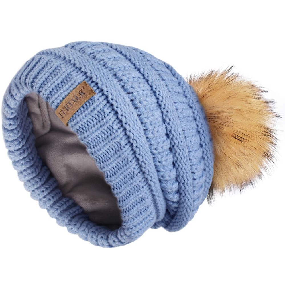 Skullies & Beanies Winter Slouchy Beanie Hats Women Fleece Lined Warm Ski Knitted Pom Pom Hat - Sky Blue - C518UTKOCTX