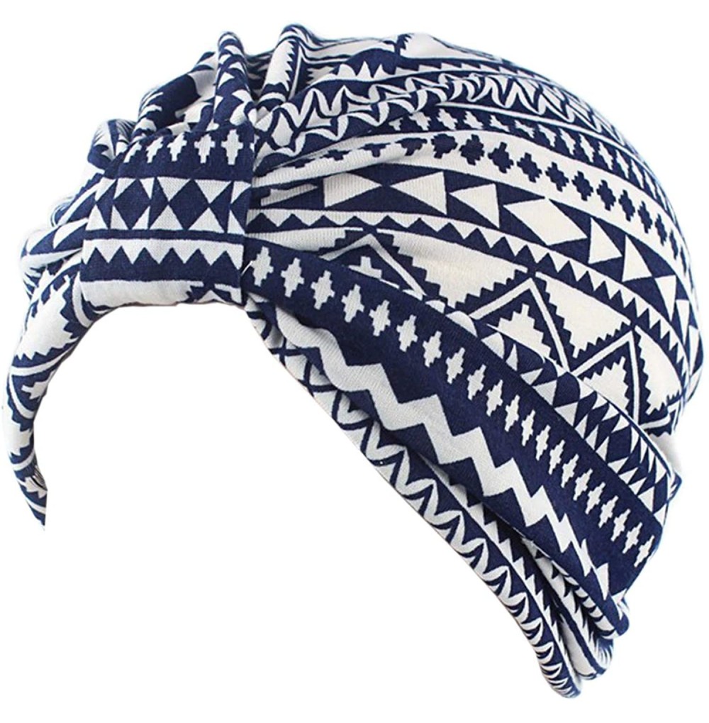 Sun Hats Shiny Turban Hat Headwraps Twist Pleated Hair Wrap Stretch Turban - Navy Geometry - CT199IH07W6