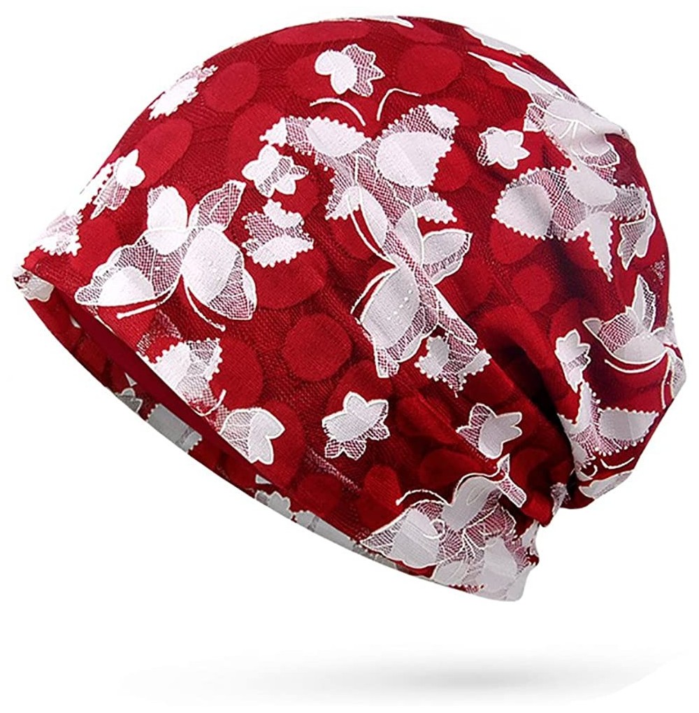 Skullies & Beanies Floral Lace Beanie Hat Chemo Cap Stretch Slouchy Turban Headwear - Butterfly Burgundy - CG18CEDAG4A